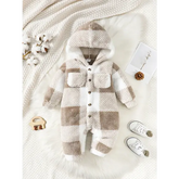 Baby Plaid Romper – Hooded Long Sleeve Plush Jumpsuit for Boys & Girls Winter Warm Bodysuit 3–24 Months