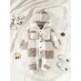 Baby Plaid Romper – Hooded Long Sleeve Plush Jumpsuit for Boys & Girls Winter Warm Bodysuit 3–24 Months