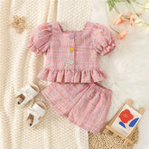 Baby Girl Cotton Plaid Set – Summer Bubble Sleeve Top & Shorts Outfit (0–3 Years) Cute Princess Style - Pink / 18-24M