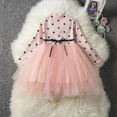 Baby girls long sleeve tutu lace dress in pink polka dots with tulle skirt