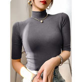 Women’s Basic Turtleneck Slim T-Shirt – Short Sleeve Casual White Tee