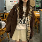 Brown Zip-Up Oversized Hoodie for Women – Autumn Lattice Stitching Long-Sleeve Jacket - brown / L