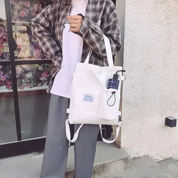Canvas Square Vertical Women Backpack with Three Shoulder Straps