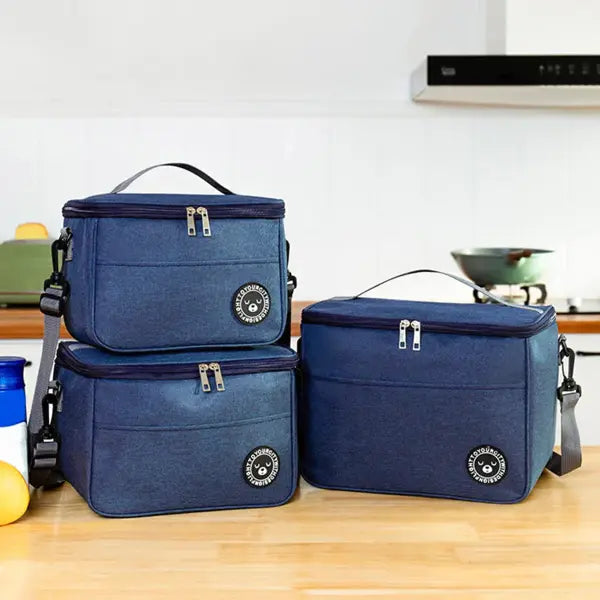 Oxford Cloth Insulated Lunch Box Bag with Shoulder Strap - Navy blue / L