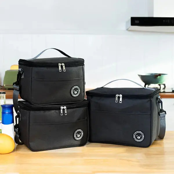 Oxford Cloth Insulated Lunch Box Bag with Shoulder Strap - black / L