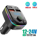 Car Charger Bluetooth Dual USB MP3 Player PD Type-C Ambient Light - 63-C9
