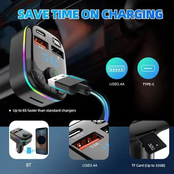 Car Charger Bluetooth Dual USB MP3 Player PD Type-C Ambient Light - 63-C9