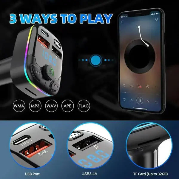 Car Charger Bluetooth Dual USB MP3 Player PD Type-C Ambient Light - 63-C9