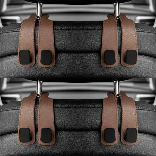 Car Seat Back Bag Headrest Hooks Hanger - brown 4 pcs