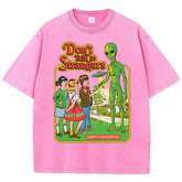 Cartoon Alien Print Women’s T-Shirt – Vintage Washed Cotton Short Sleeve