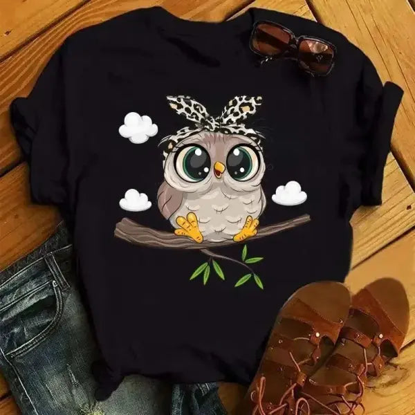Cartoon Owl Print Women’s T-Shirt – Kawaii Casual Black Short Sleeve - BT6633-Black / S