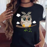 Cartoon Owl Print Women’s T-Shirt – Kawaii Casual Black Short Sleeve