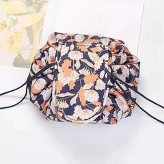 Chic waterproof drawstring makeup organizer in floral navy, peach, white
