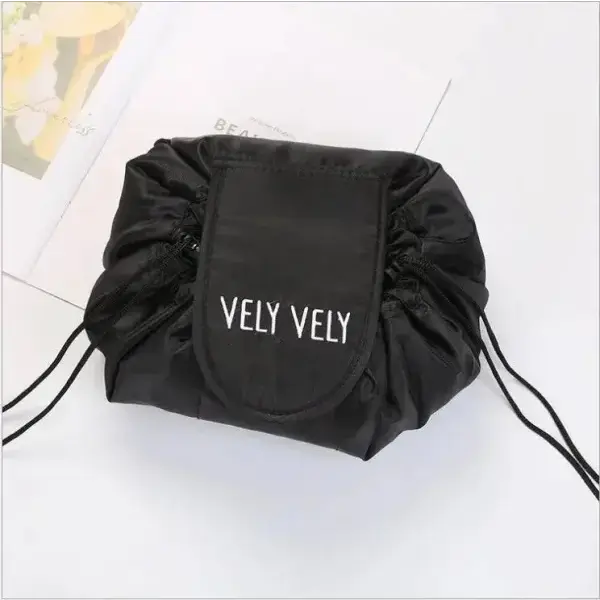 Chic Cosmetic Bag Waterproof Drawstring Makeup Organizer for Travel - Black V Logo