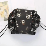Chic Cosmetic Bag Waterproof Drawstring Makeup Organizer for Travel - Black Flower