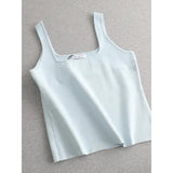 Chic Knit White U-Neck Women Tank Top Crop Length - crop blue / One Size