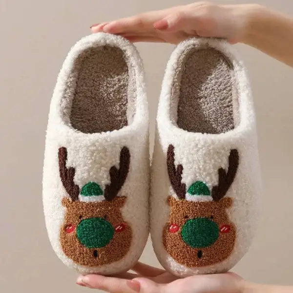 Cozy white Christmas shoes with reindeer face for holiday footwear