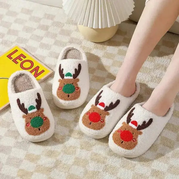 Cozy white Christmas shoes with reindeer faces and red noses for holiday footwear