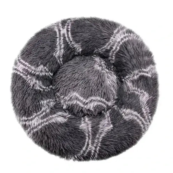 Comfortable coral fleece round pet bed in grey and white geometric pattern for furry friend