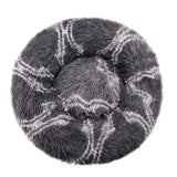 Comfortable coral fleece round pet bed in grey and white geometric pattern for furry friend