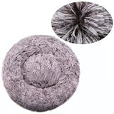 Comfortable coral fleece round pet bed for furry friend in shaggy gray fur