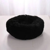 Fluffy black round pet bed in comfortable coral fleece for furry friend