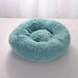 Plush mint-colored round pet bed in comfortable coral fleece for furry friend
