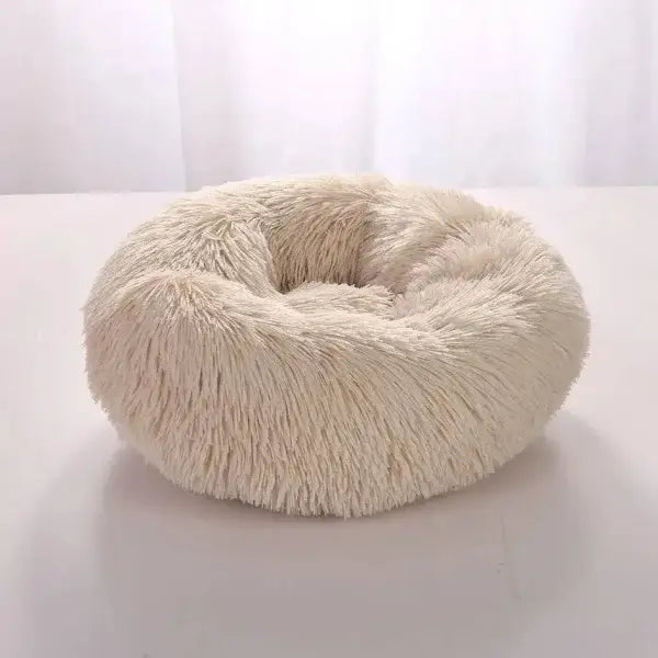 Comfortable coral fleece round pet bed for furry friend with cream faux fur