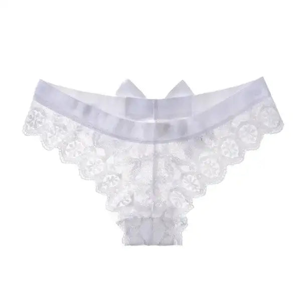 Elegant white lace thong underwear with scalloped satin edges
