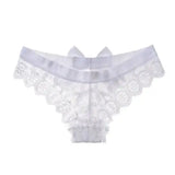 Elegant white lace thong underwear with scalloped satin edges
