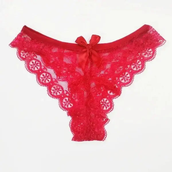 Red lace thong underwear with bow accent, comfortable lingerie essential