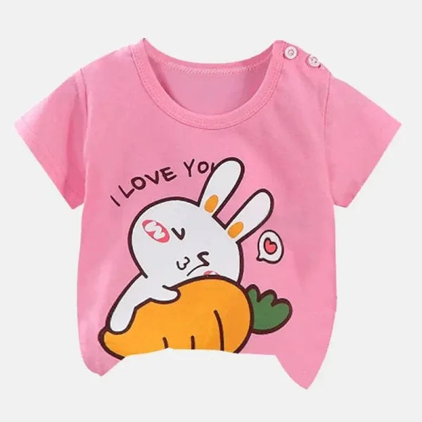 Pink cotton cartoon summer t-shirt for kids 4T-5T with bunny hugging carrot