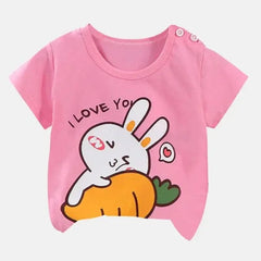 Pink cotton cartoon summer t-shirt for kids 4T-5T with bunny hugging carrot