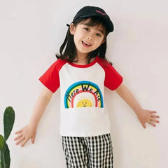 White and red raglan cotton cartoon summer t-shirt with rainbow Here We Are design, 4T-5T
