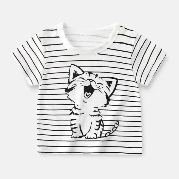 White striped cotton cartoon summer t-shirt with cute kitten for 4T-5T kids