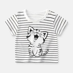 White striped cotton cartoon summer t-shirt with cute kitten for 4T-5T kids