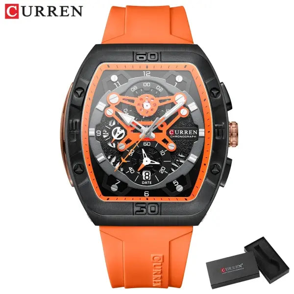 CURREN Brand Quartz Wristwatches Silicone Luminous Hands Casual Style - orange box