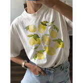 Women’s Lemon Print T-Shirt – Short Sleeve Vintage Cottagecore Loose Botanical Tee