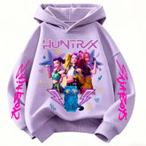 Girls Pink Demon Hunter Hoodie – Cute Anime Y2K Kawaii Long Sleeve Top - light purple / 140