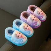 Disney Princess Elsa Winter Cotton Slippers for Girls – Warm Frozen Flats Black & Purple Sizes 24–40
