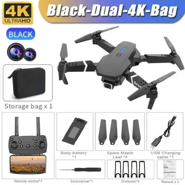 E88Pro RC Drone with Dual HD Camera and Altitude Hold Mode - Black-Dual-4K-Bag
