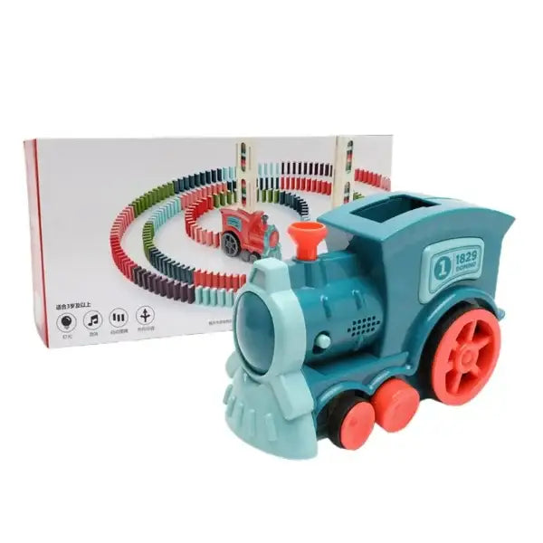 Turquoise electric domino train engine with red wheels and curved colorful dominoes