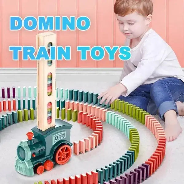 Electric domino train educational toy set with colorful dominos and toy engine