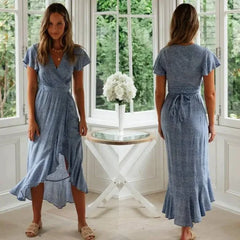 Elegant Lace V-Neck Short-Sleeved Women's Floral Dress - Himpall