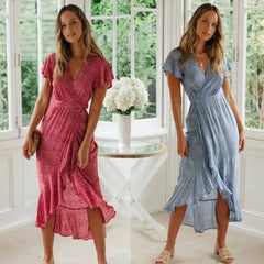 Elegant Lace V-Neck Short-Sleeved Women's Floral Dress - Himpall