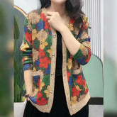 Elegant Long Sleeve Printed V-Neck Button Cardigan Spring Autumn Thin Vintage Casual Pockets Floral Sweaters Female
