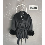 Elegant Office Lady Woolen Coat - Black Gray Short / L