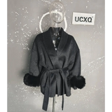 Elegant Office Lady Woolen Coat - Black Gray Short / L
