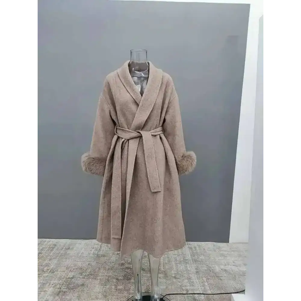 Elegant Office Lady Woolen Coat - Long Pattern Oatmeal / M