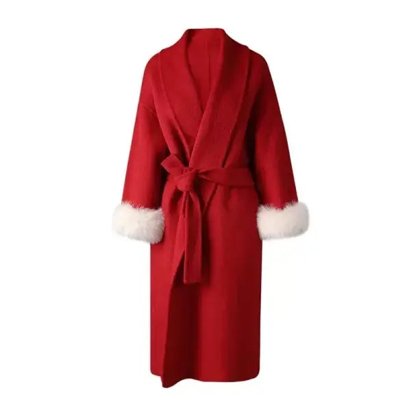 Elegant Office Lady Woolen Coat - long red as shown / S